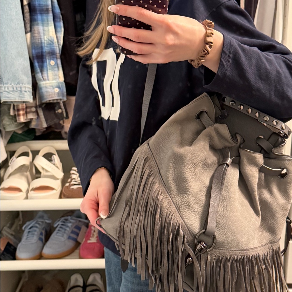 Rebecca Minkoff Gray Fringe Leather Drawstring Shoulder Bag
